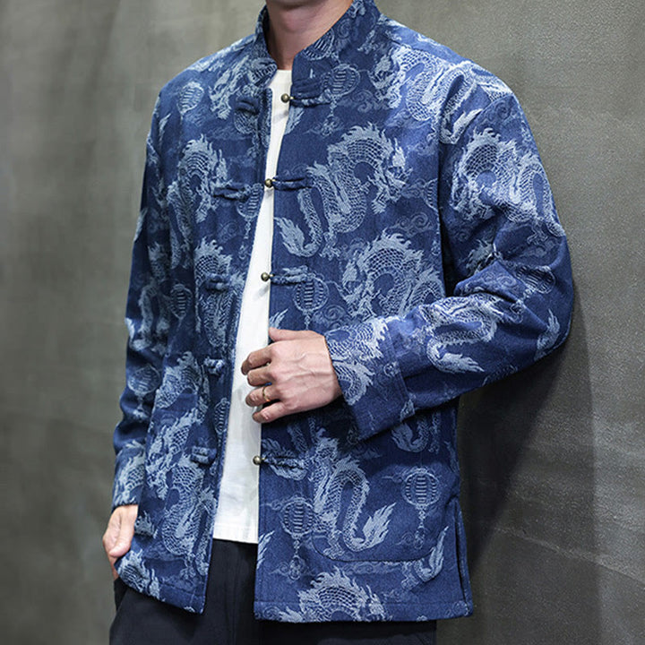 Buddha Stones Chinese New Year Jacquard Embroidery Dragon Lantern Frog-button Tang Suit Cotton Men's Jacket Shirt With Pockets - image 4