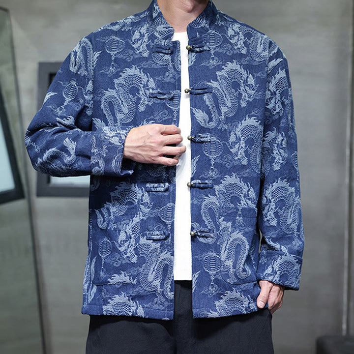 Buddha Stones Chinese New Year Jacquard Embroidery Dragon Lantern Frog-button Tang Suit Cotton Men's Jacket Shirt With Pockets - image 2