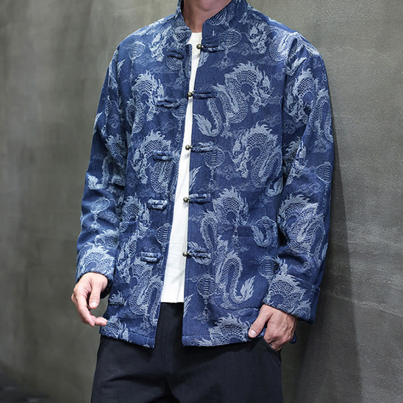 Buddha Stones Chinese New Year Jacquard Embroidery Dragon Lantern Frog-button Tang Suit Cotton Men's Jacket Shirt With Pockets - image 6