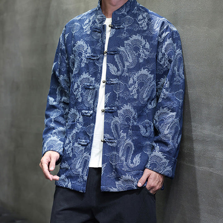 Buddha Stones Chinese New Year Jacquard Embroidery Dragon Lantern Frog-button Tang Suit Cotton Men's Jacket Shirt With Pockets - image 6