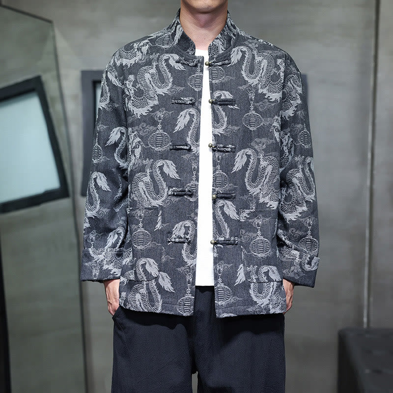Buddha Stones Chinese New Year Jacquard Embroidery Dragon Lantern Frog-button Tang Suit Cotton Men's Jacket Shirt With Pockets - Black - US/UK/AU46，EU56 (5XL) - image 16
