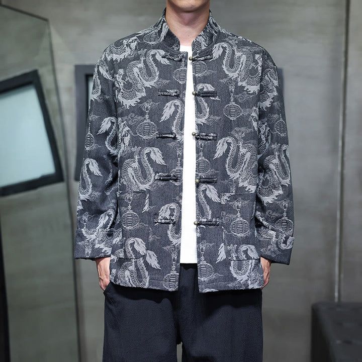 Buddha Stones Chinese New Year Jacquard Embroidery Dragon Lantern Frog-button Tang Suit Cotton Men's Jacket Shirt With Pockets - Black - US/UK/AU46，EU56 (5XL) - image 16