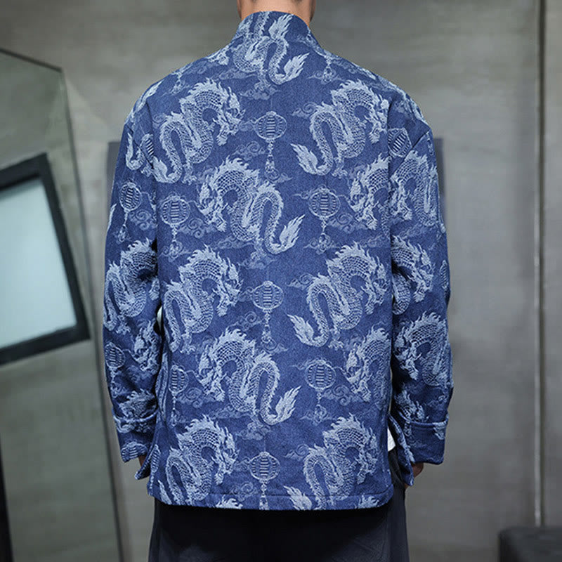 Buddha Stones Chinese New Year Jacquard Embroidery Dragon Lantern Frog-button Tang Suit Cotton Men's Jacket Shirt With Pockets - image 3