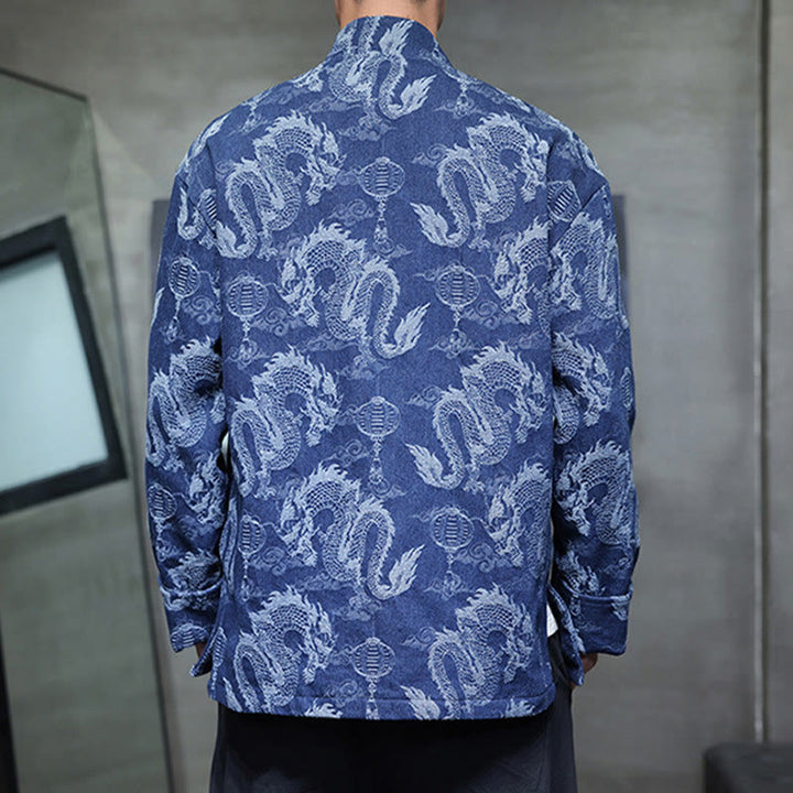 Buddha Stones Chinese New Year Jacquard Embroidery Dragon Lantern Frog-button Tang Suit Cotton Men's Jacket Shirt With Pockets - image 3