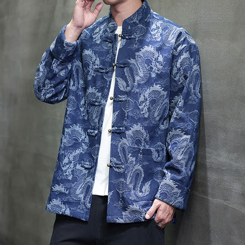 Buddha Stones Chinese New Year Jacquard Embroidery Dragon Lantern Frog-button Tang Suit Cotton Men's Jacket Shirt With Pockets - image 5