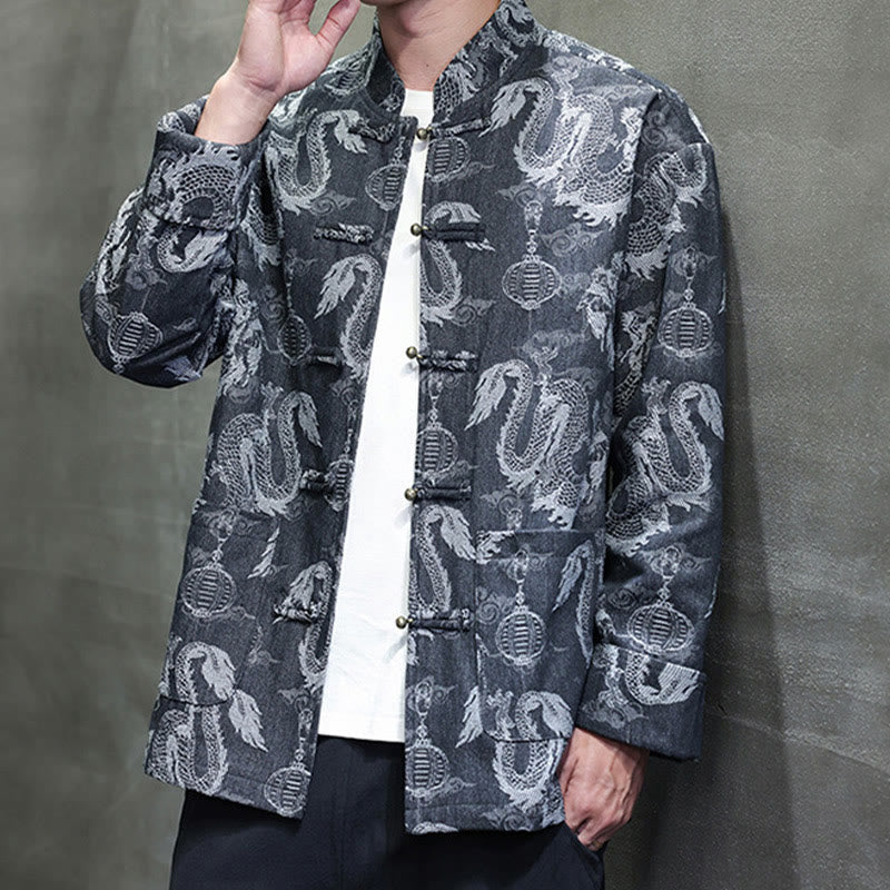 Buddha Stones Chinese New Year Jacquard Embroidery Dragon Lantern Frog-button Tang Suit Cotton Men's Jacket Shirt With Pockets - image 23