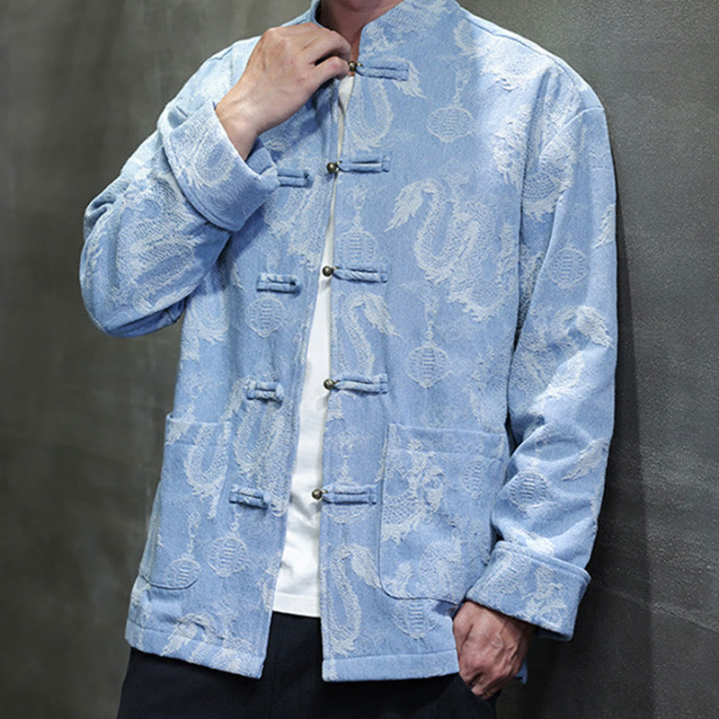 Buddha Stones Chinese New Year Jacquard Embroidery Dragon Lantern Frog-button Tang Suit Cotton Men's Jacket Shirt With Pockets - image 12