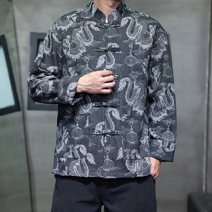 Buddha Stones Chinese New Year Jacquard Embroidery Dragon Lantern Frog-button Tang Suit Cotton Men's Jacket Shirt With Pockets - image 22