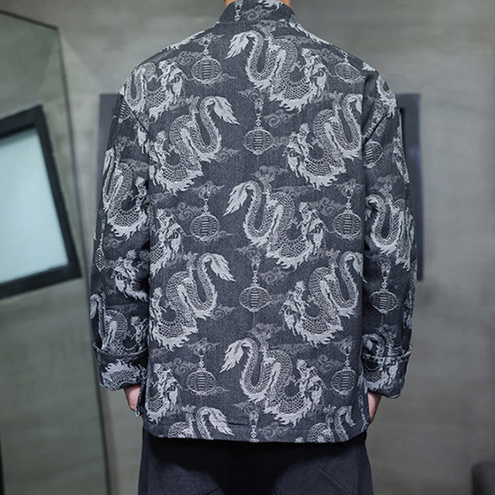 Buddha Stones Chinese New Year Jacquard Embroidery Dragon Lantern Frog-button Tang Suit Cotton Men's Jacket Shirt With Pockets - image 20