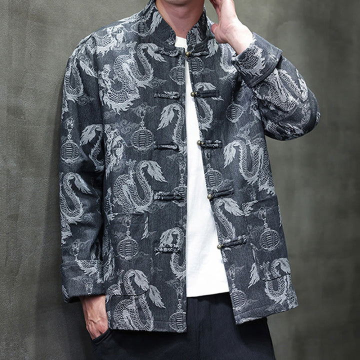 Buddha Stones Chinese New Year Jacquard Embroidery Dragon Lantern Frog-button Tang Suit Cotton Men's Jacket Shirt With Pockets - image 21