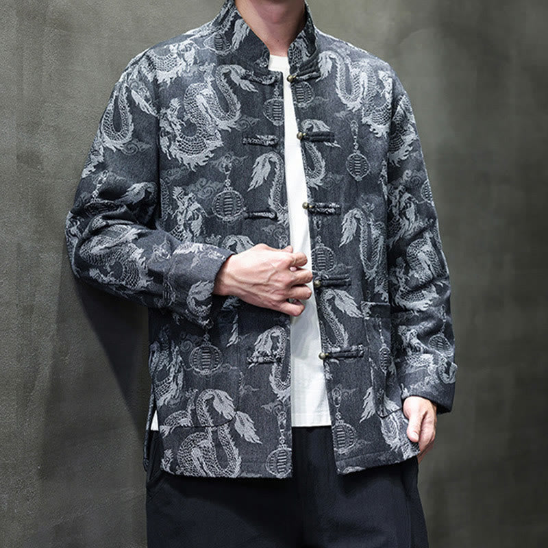 Buddha Stones Chinese New Year Jacquard Embroidery Dragon Lantern Frog-button Tang Suit Cotton Men's Jacket Shirt With Pockets - image 18