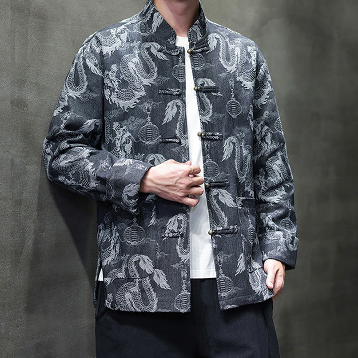 Buddha Stones Chinese New Year Jacquard Embroidery Dragon Lantern Frog-button Tang Suit Cotton Men's Jacket Shirt With Pockets - image 18