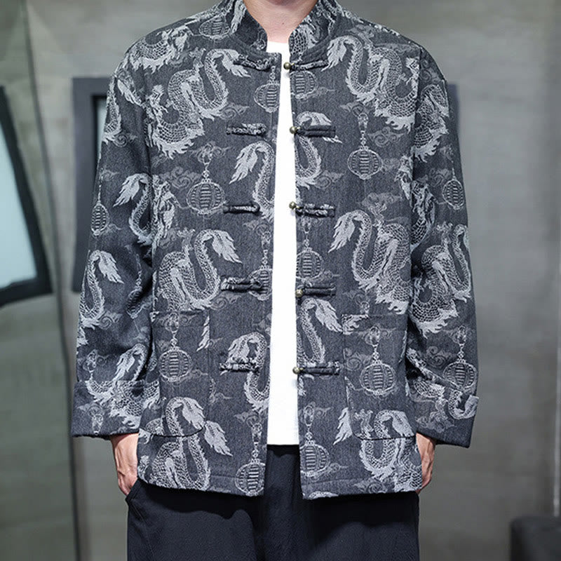 Buddha Stones Chinese New Year Jacquard Embroidery Dragon Lantern Frog-button Tang Suit Cotton Men's Jacket Shirt With Pockets - image 17