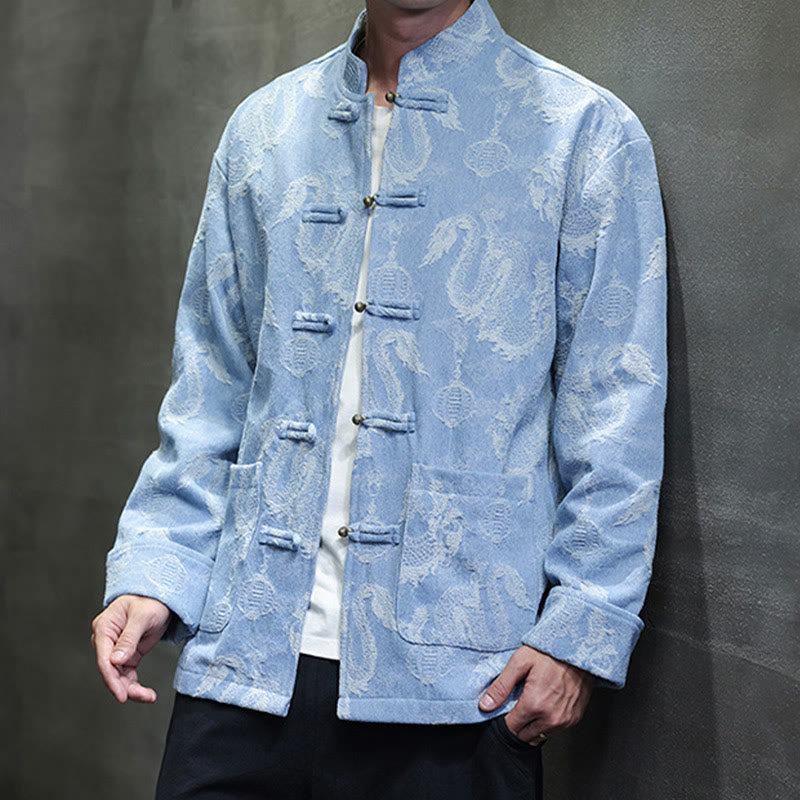 Buddha Stones Chinese New Year Jacquard Embroidery Dragon Lantern Frog-button Tang Suit Cotton Men's Jacket Shirt With Pockets - image 9