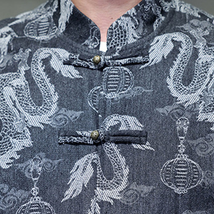 Buddha Stones Chinese New Year Jacquard Embroidery Dragon Lantern Frog-button Tang Suit Cotton Men's Jacket Shirt With Pockets - image 24