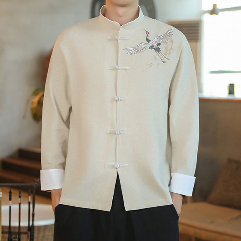 Buddha Stones Chinese New Year Flying Crane Embroidery Frog-button Tang Suit Cotton Men's Jacket Shirt - LightGoldenrodYellow - US/UK/AU46，EU56 (5XL) - image 16