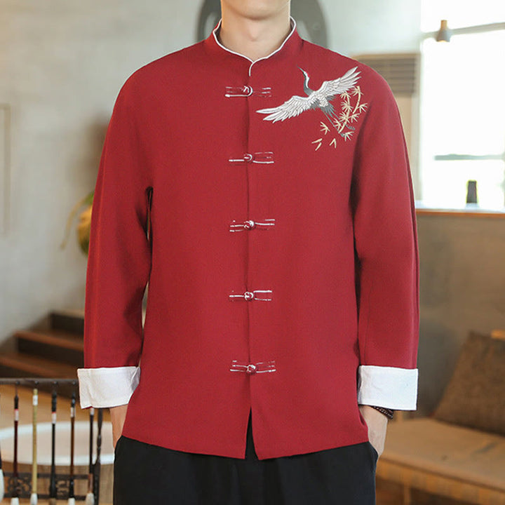 Buddha Stones Chinese New Year Flying Crane Embroidery Frog-button Tang Suit Cotton Men's Jacket Shirt - image 2