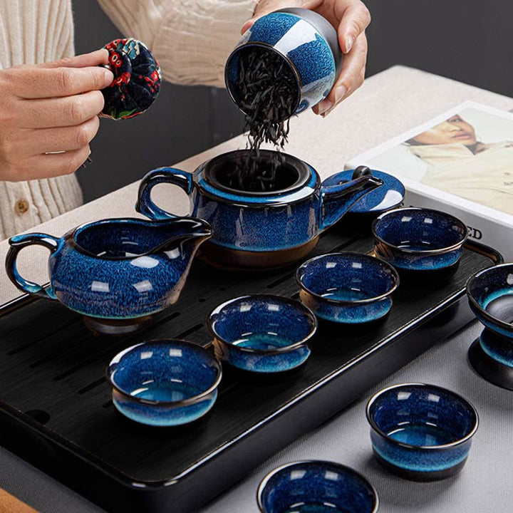 Buddha Stones Blue Gradient Color Chinese Gongfu Tea Ceramic Teapot Portable Gift Bag Box Set - image 19