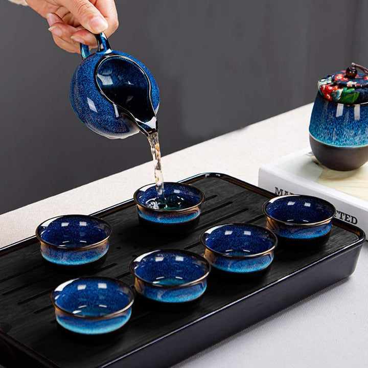 Buddha Stones Blue Gradient Color Chinese Gongfu Tea Ceramic Teapot Portable Gift Bag Box Set - image 21