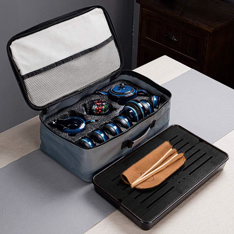 Buddha Stones Blue Gradient Color Chinese Gongfu Tea Ceramic Teapot Portable Gift Bag Box Set - image 24