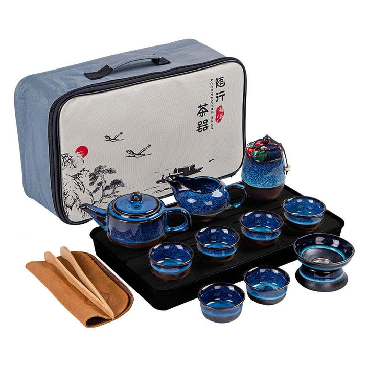 Buddha Stones Blue Gradient Color Chinese Gongfu Tea Ceramic Teapot Portable Gift Bag Box Set - image 25