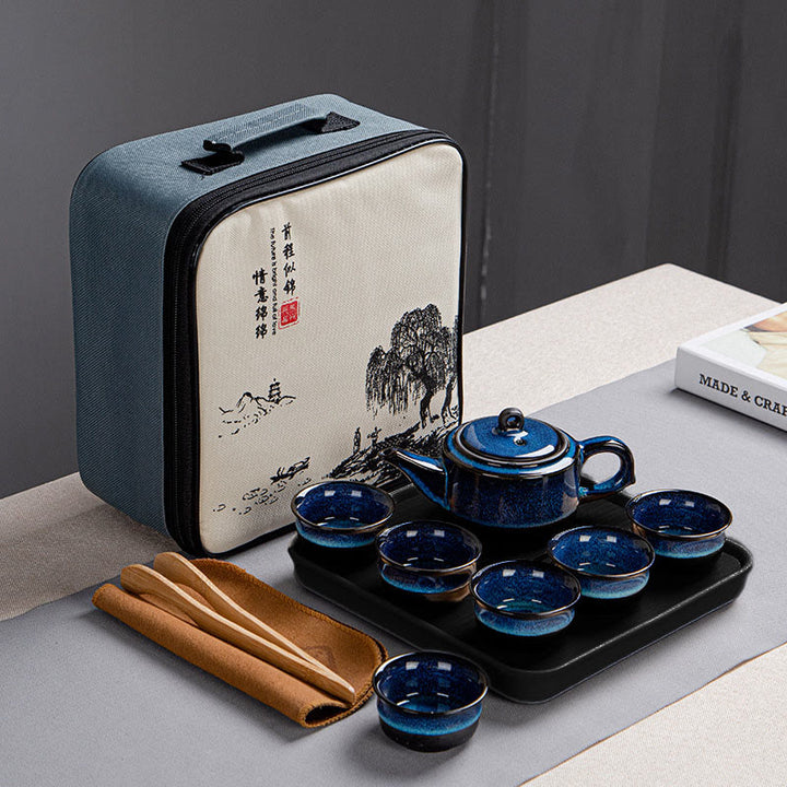Buddha Stones Blue Gradient Color Chinese Gongfu Tea Ceramic Teapot Portable Gift Bag Box Set - 1 Teapot+6 Cups+Tray+Bag - image 9