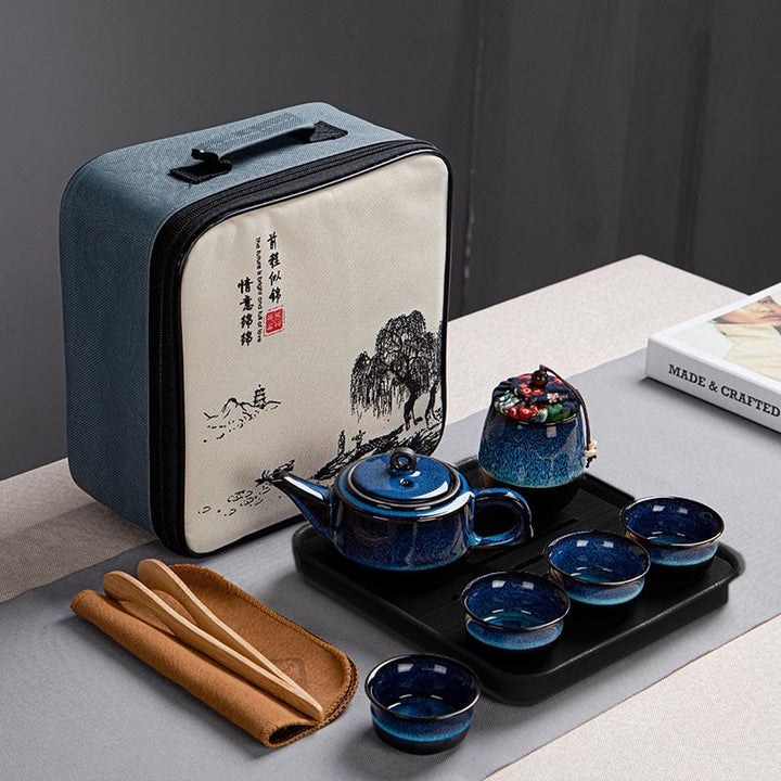 Buddha Stones Blue Gradient Color Chinese Gongfu Tea Ceramic Teapot Portable Gift Bag Box Set - 1 Teapot+4 Cups+1 Can+Tray+Bag - image 10