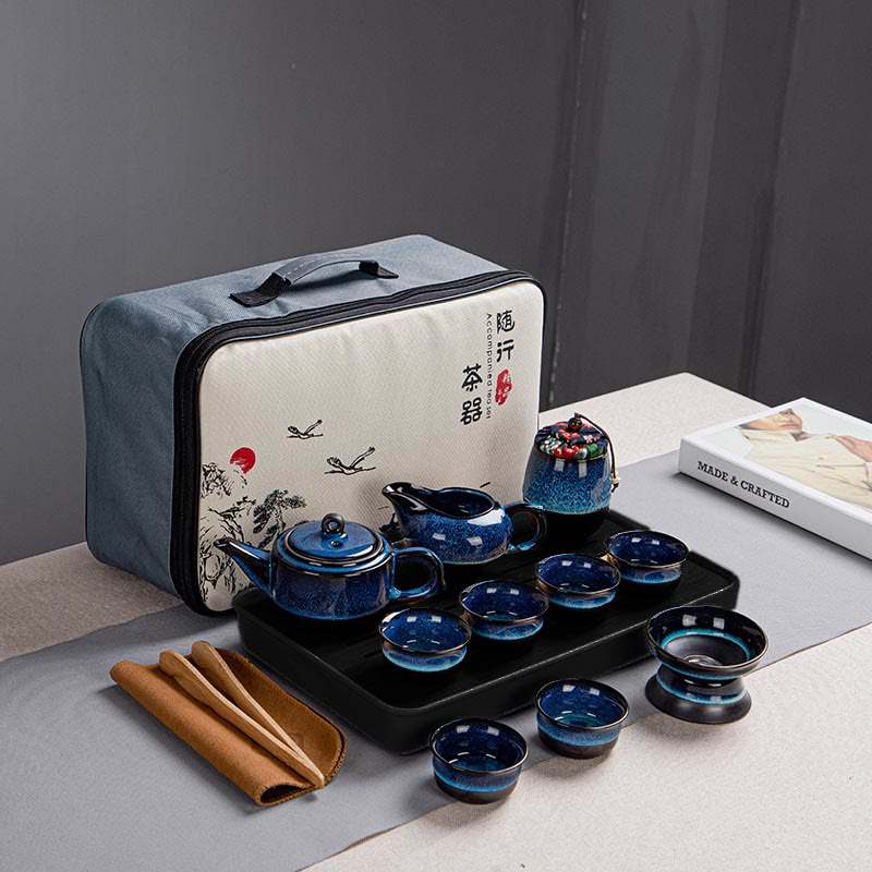 Buddha Stones Blue Gradient Color Chinese Gongfu Tea Ceramic Teapot Portable Gift Bag Box Set - 1 Teapot+6 Cups+1 Can +1 Pot +1 Tea Strainer+Tray+Bag - image 15