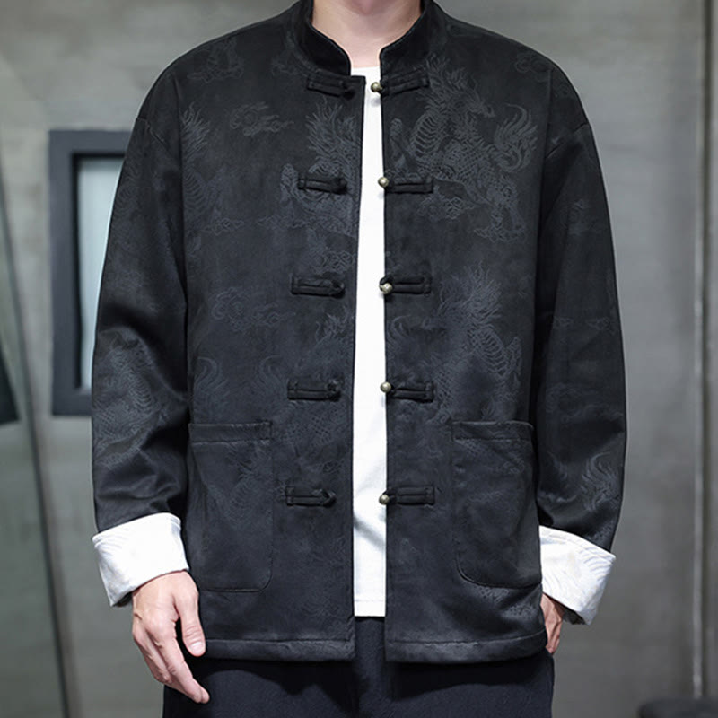 Buddha Stones Chinese New Year Kirin Print Frog-button Tang Suit Men's Jacket Shirt With Pockets - Black - US/UK/AU46，EU56 (5XL) - image 13