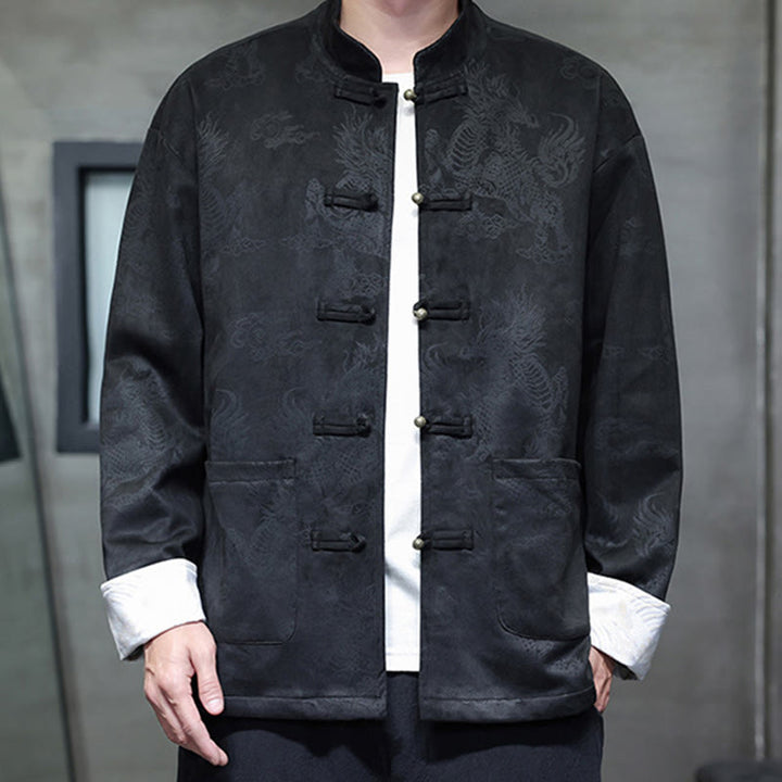Buddha Stones Chinese New Year Kirin Print Frog-button Tang Suit Men's Jacket Shirt With Pockets - Black - US/UK/AU46，EU56 (5XL) - image 13