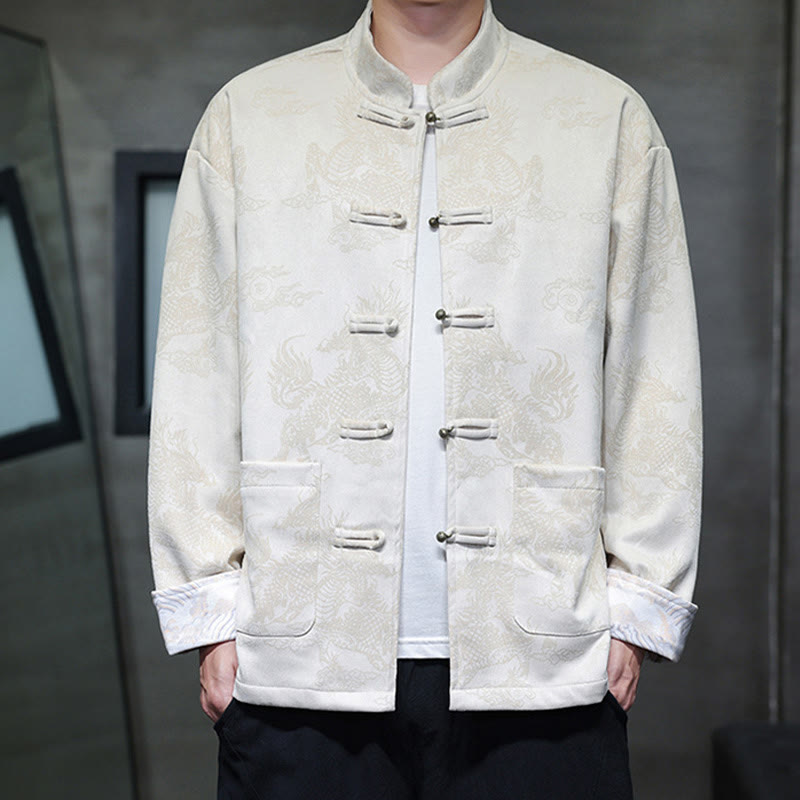 Buddha Stones Chinese New Year Kirin Print Frog-button Tang Suit Men's Jacket Shirt With Pockets - Ivory - US/UK/AU46，EU56 (5XL) - image 21