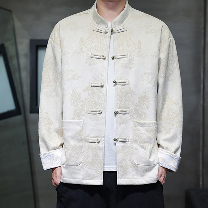 Buddha Stones Chinese New Year Kirin Print Frog-button Tang Suit Men's Jacket Shirt With Pockets - Ivory - US/UK/AU46，EU56 (5XL) - image 21