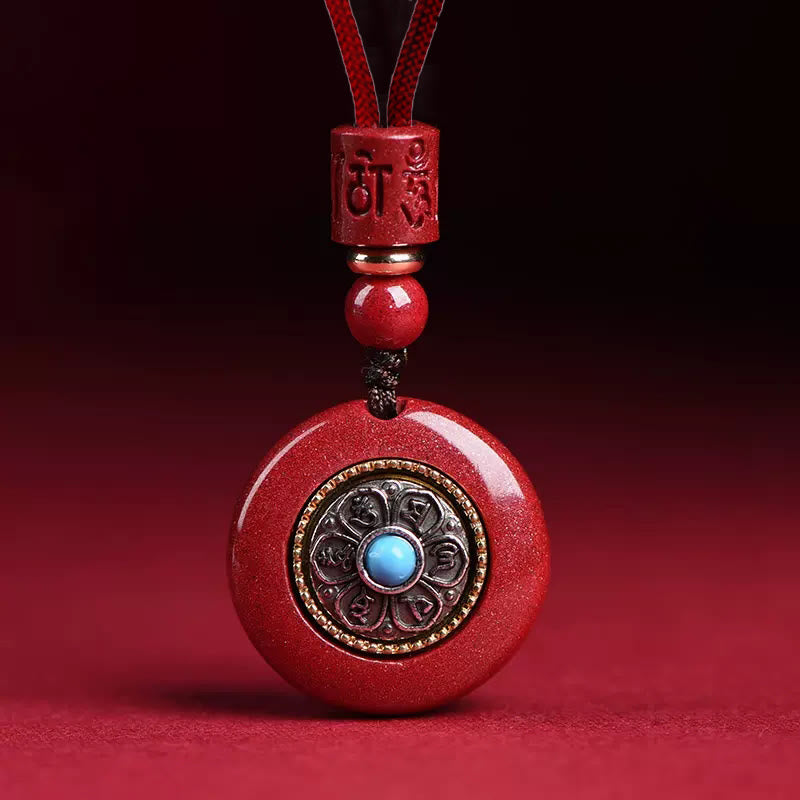 Buddha Stones Natural Cinnabar Six True Words 'Om Mani Padme Hum' Braided String Blessing Key Chain Necklace Pendant - Cinnabar Om Mani Padme Hum Necklace - image 0