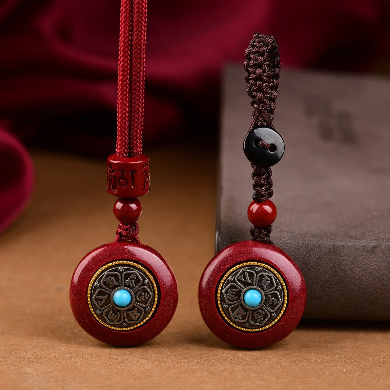 Buddha Stones Natural Cinnabar Six True Words 'Om Mani Padme Hum' Braided String Blessing Key Chain Necklace Pendant - image 2