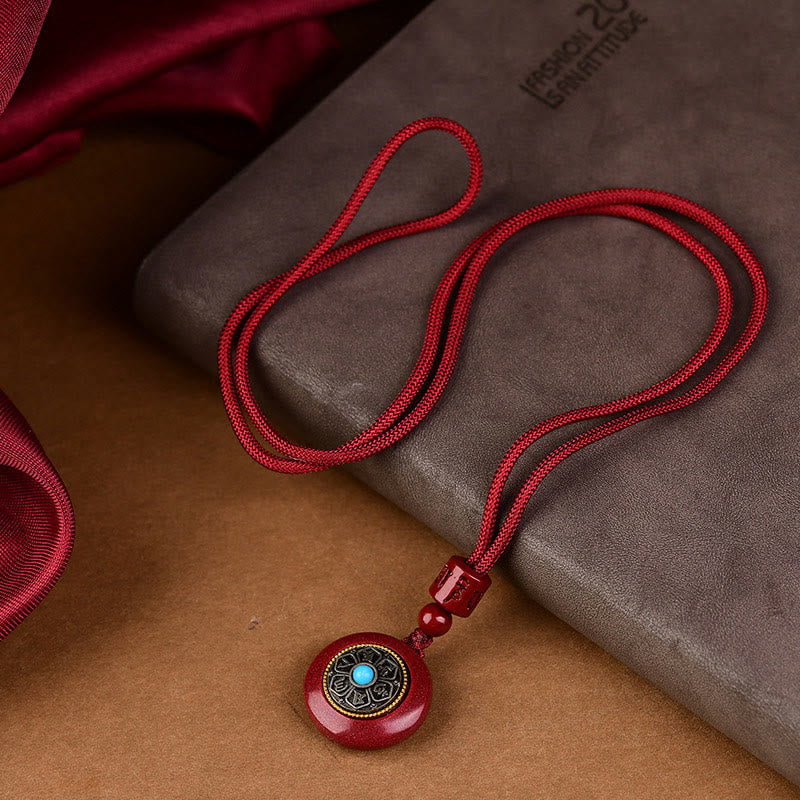 Buddha Stones Natural Cinnabar Six True Words 'Om Mani Padme Hum' Braided String Blessing Key Chain Necklace Pendant - image 4