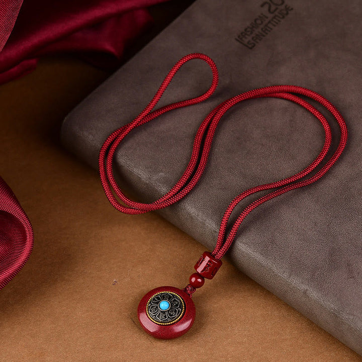 Buddha Stones Natural Cinnabar Six True Words 'Om Mani Padme Hum' Braided String Blessing Key Chain Necklace Pendant - image 4