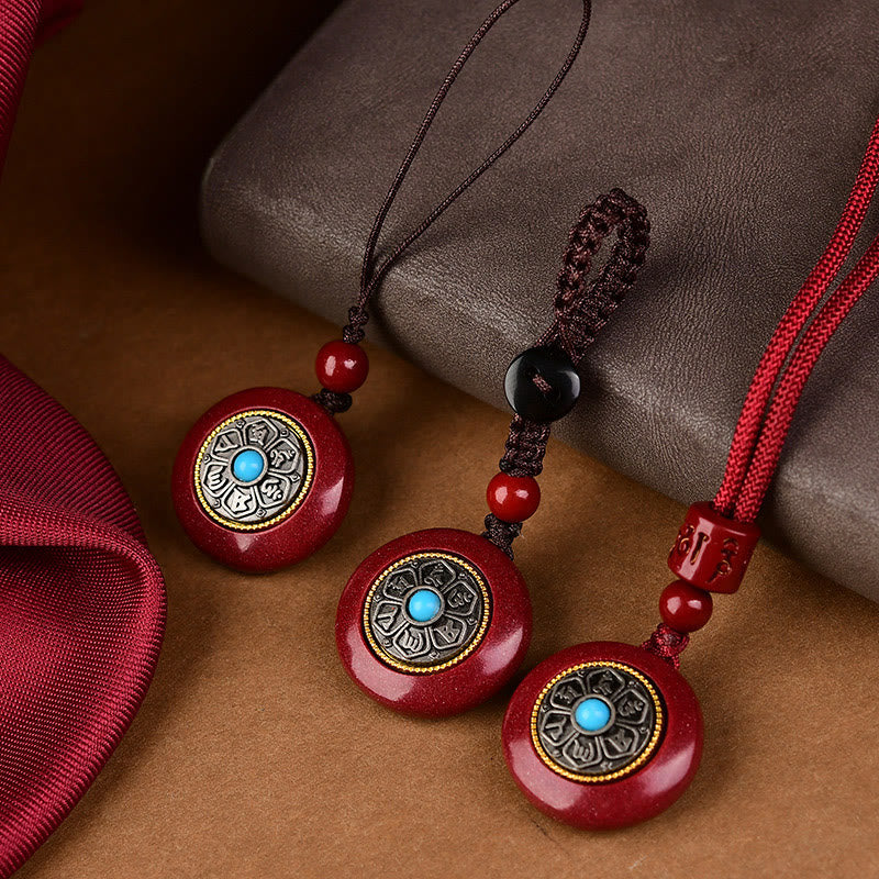 Buddha Stones Natural Cinnabar Six True Words 'Om Mani Padme Hum' Braided String Blessing Key Chain Necklace Pendant - image 1