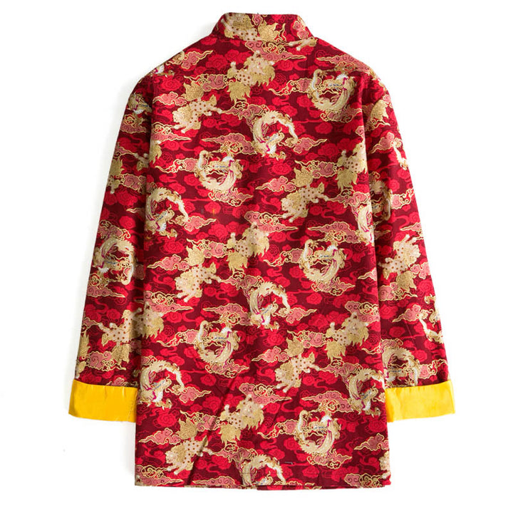 Buddha Stones Chinese New Year Golden Auspicious Clouds Frog-button Tang Suit Cotton Men's Jacket Shirt With Pockets - image 2