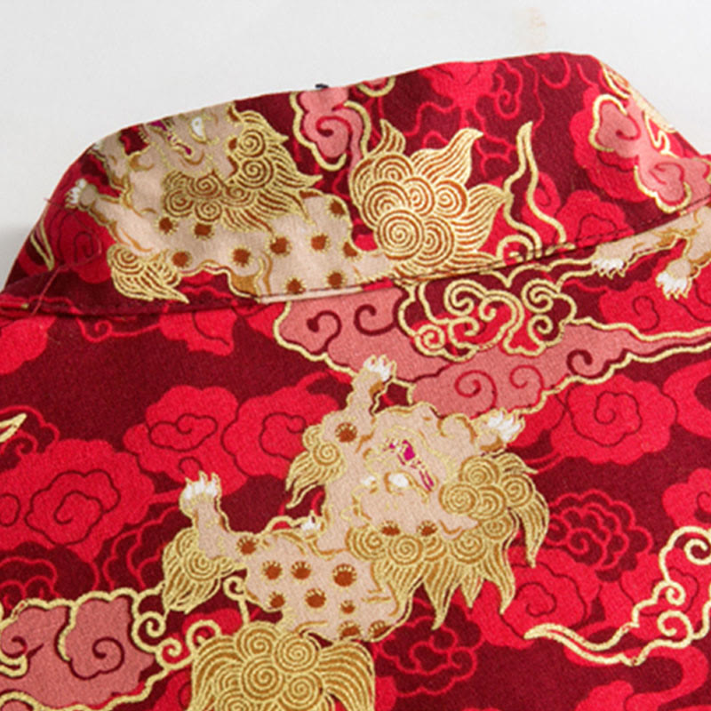 Buddha Stones Chinese New Year Golden Auspicious Clouds Frog-button Tang Suit Cotton Men's Jacket Shirt With Pockets - image 6