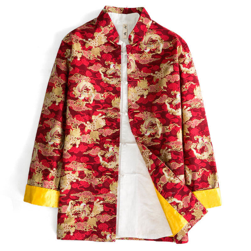 Buddha Stones Chinese New Year Golden Auspicious Clouds Frog-button Tang Suit Cotton Men's Jacket Shirt With Pockets - Red - US/UK/AU44，EU54 (4XL) - image 0