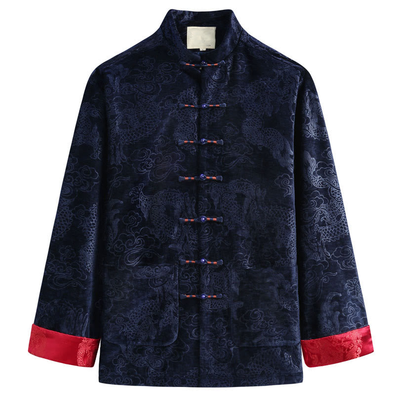 Buddha Stones Chinese New Year Dragon Auspicious Clouds Frog-button Tang Suit Men's Jacket Shirt With Pockets - DarkBlue - US/UK/AU44，EU54 (4XL) - image 10