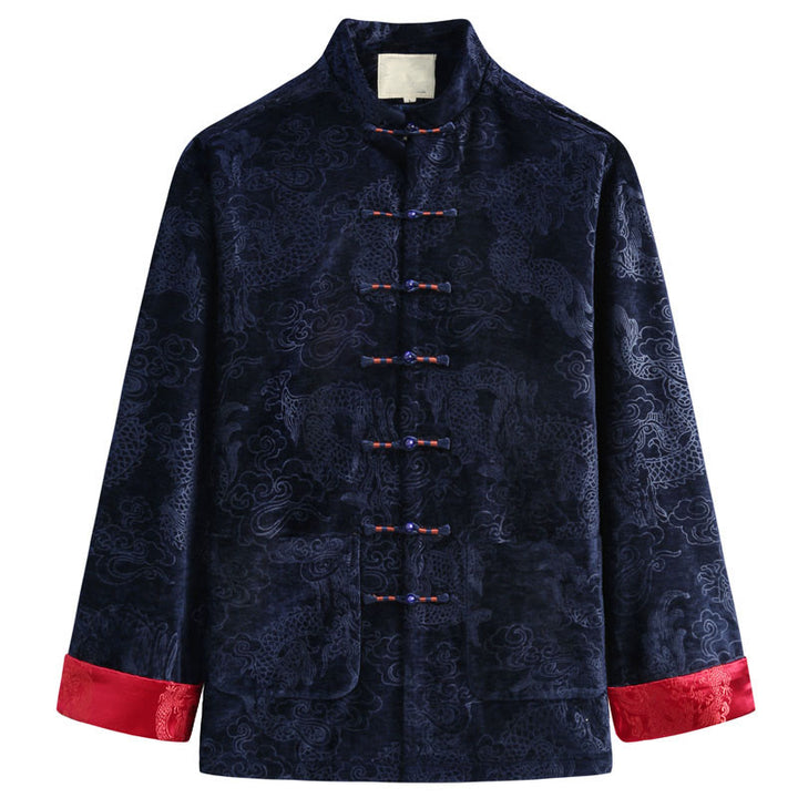 Buddha Stones Chinese New Year Dragon Auspicious Clouds Frog-button Tang Suit Men's Jacket Shirt With Pockets - DarkBlue - US/UK/AU44，EU54 (4XL) - image 10