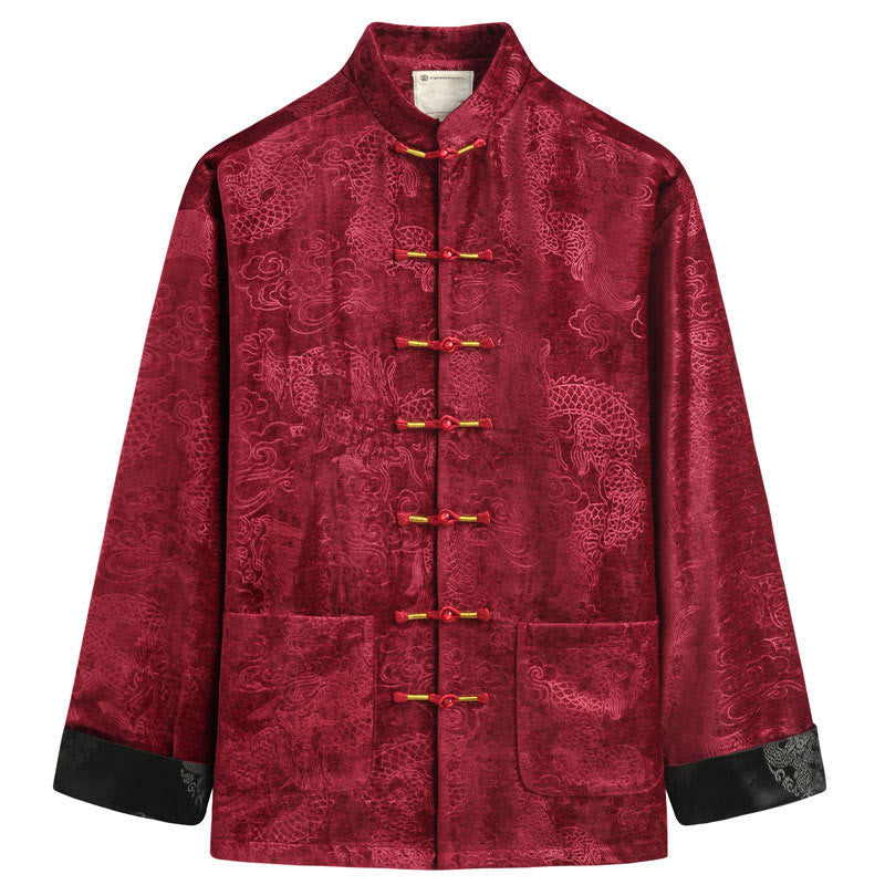 Buddha Stones Chinese New Year Dragon Auspicious Clouds Frog-button Tang Suit Men's Jacket Shirt With Pockets - Red - US/UK/AU44，EU54 (4XL) - image 12