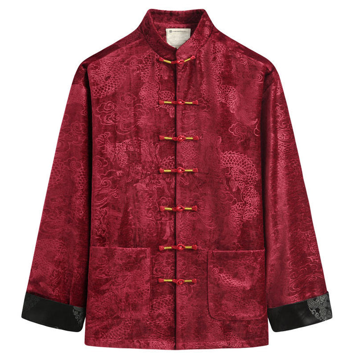 Buddha Stones Chinese New Year Dragon Auspicious Clouds Frog-button Tang Suit Men's Jacket Shirt With Pockets - Red - US/UK/AU44，EU54 (4XL) - image 12