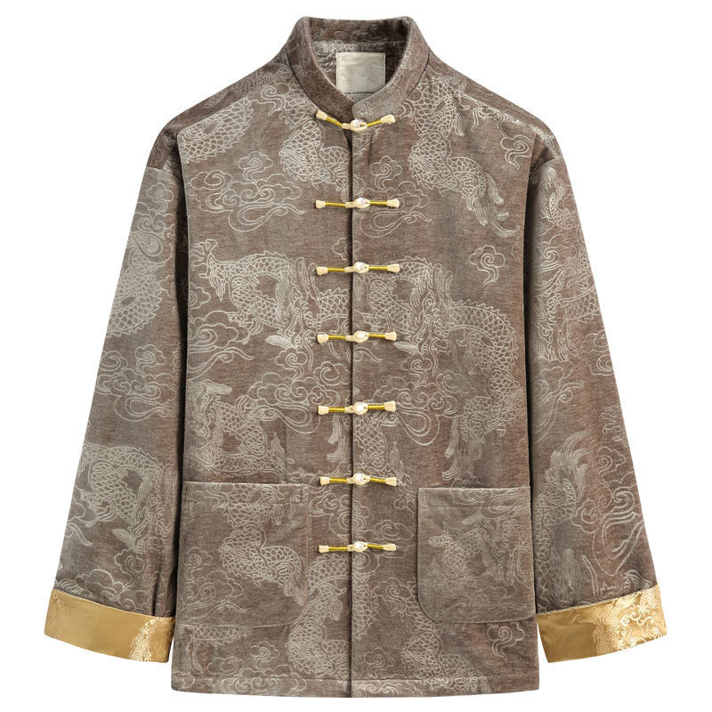 Buddha Stones Chinese New Year Dragon Auspicious Clouds Frog-button Tang Suit Men's Jacket Shirt With Pockets - DarkKhaki - US/UK/AU44，EU54 (4XL) - image 0