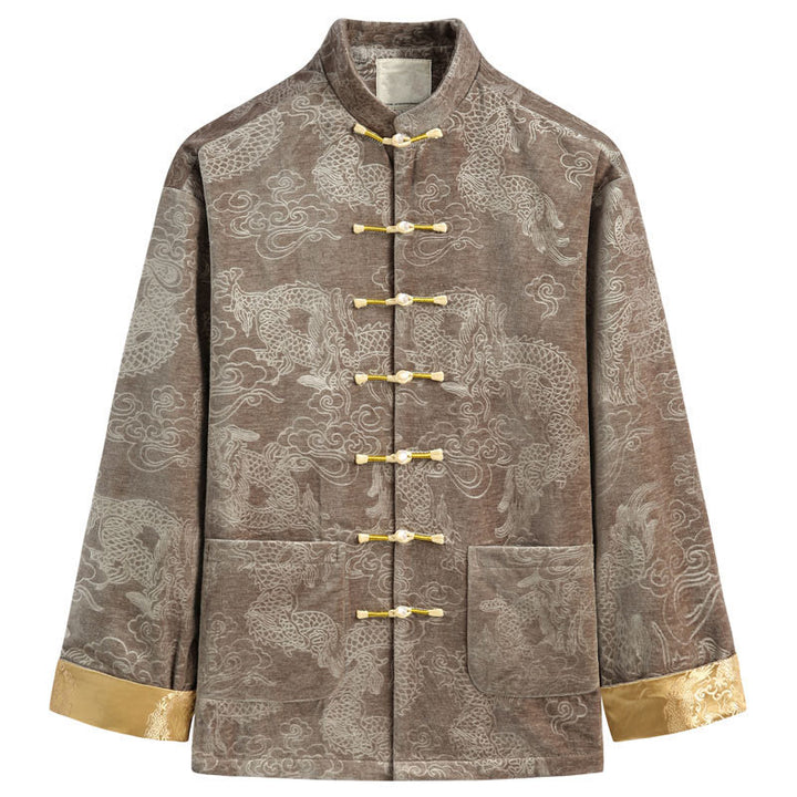Buddha Stones Chinese New Year Dragon Auspicious Clouds Frog-button Tang Suit Men's Jacket Shirt With Pockets - DarkKhaki - US/UK/AU44，EU54 (4XL) - image 0