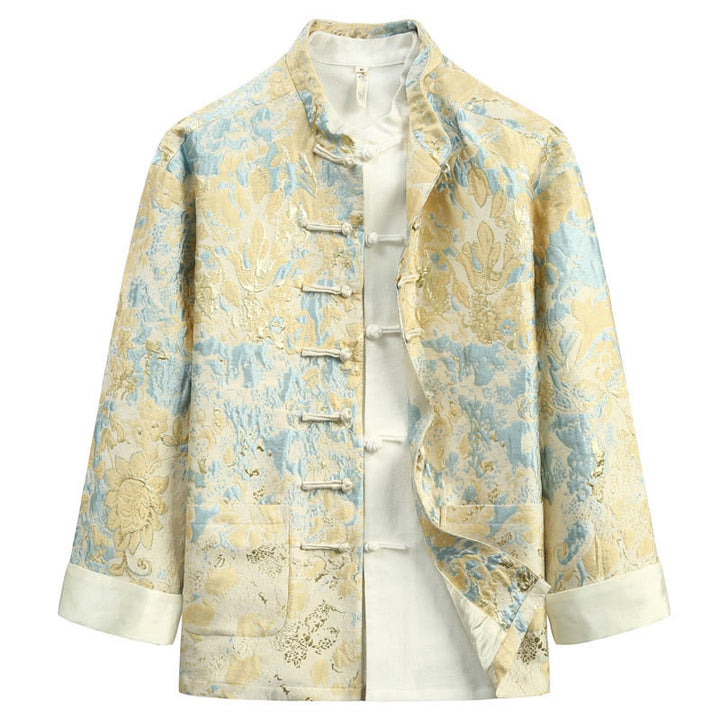 Buddha Stones Chinese New Year Jacquard Embroidery Frog-button Tang Suit Men's Jacket Shirt With Pockets - LightGoldenrodYellow - US/UK/AU44，EU54 (4XL) - image 0