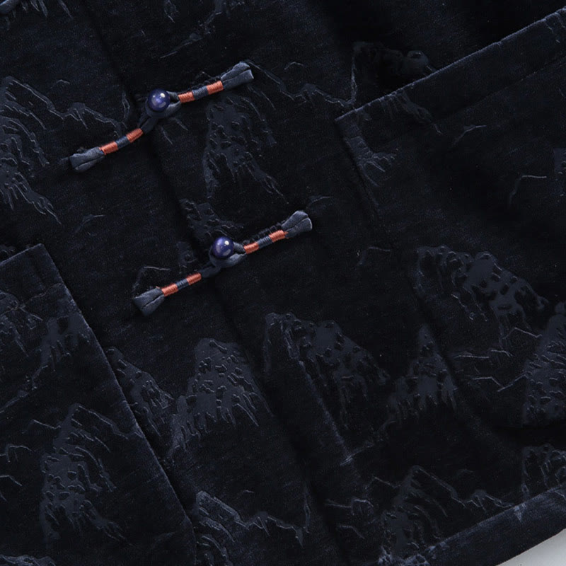 Buddha Stones Chinese New Year Landscape Print Handmade Frog-button Tang Suit Men's Jacket Shirt With Pockets - image 8