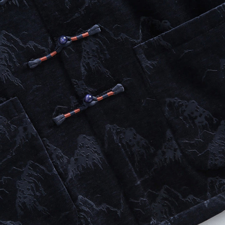 Buddha Stones Chinese New Year Landscape Print Handmade Frog-button Tang Suit Men's Jacket Shirt With Pockets - image 8