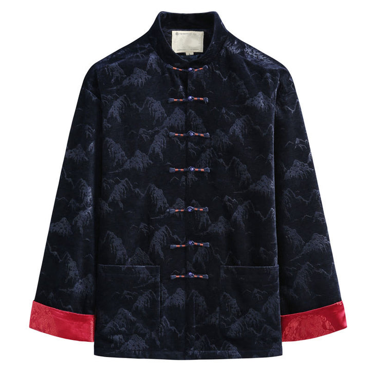 Buddha Stones Chinese New Year Landscape Print Handmade Frog-button Tang Suit Men's Jacket Shirt With Pockets - MidnightBlue - US/UK/AU44，EU54 (4XL) - image 4